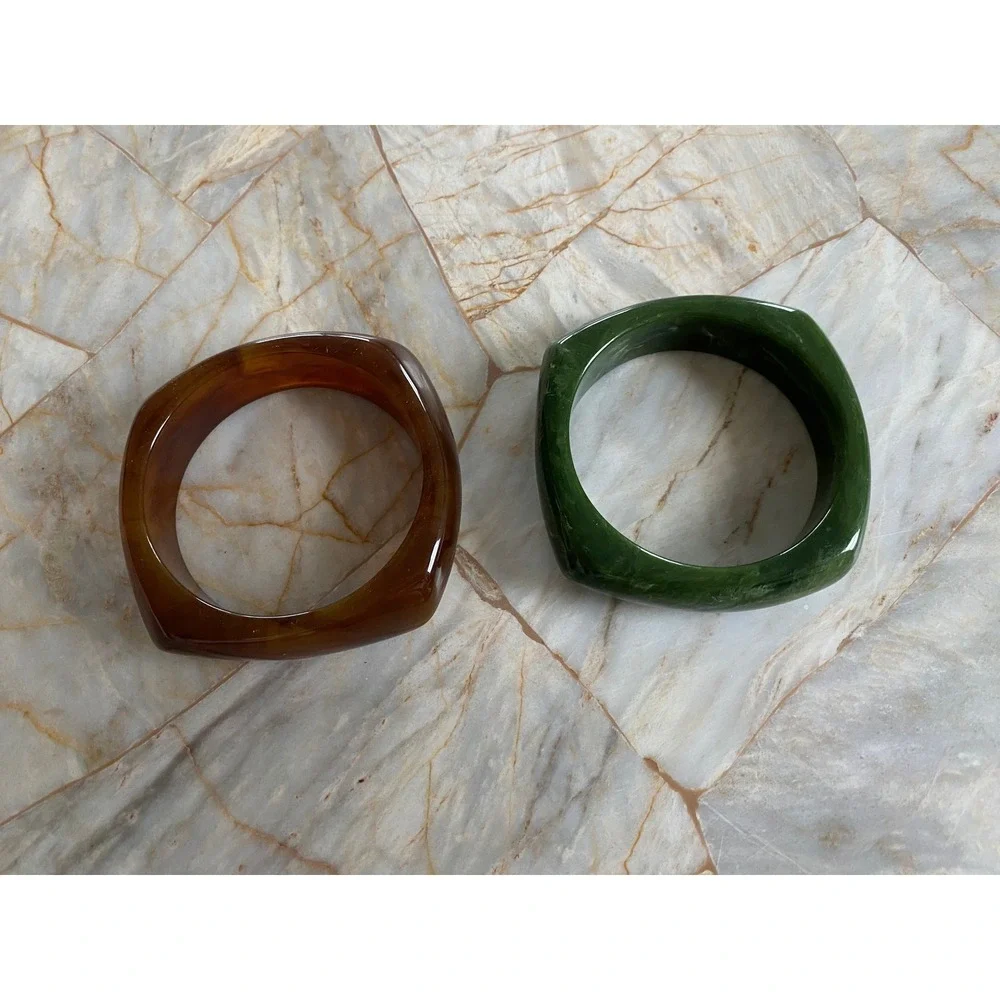 Vintage Style Chunky Square Bangle Bracelet Set Amber Tortoise & Marbled Green - Picture 2 of 8